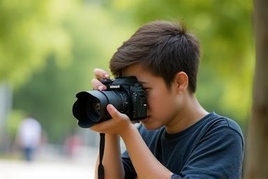 Person learning photography with a camera outdoors
