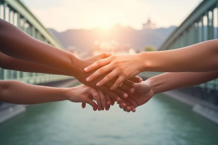 Image representing community and action, hands coming together over a backdrop of Zurich